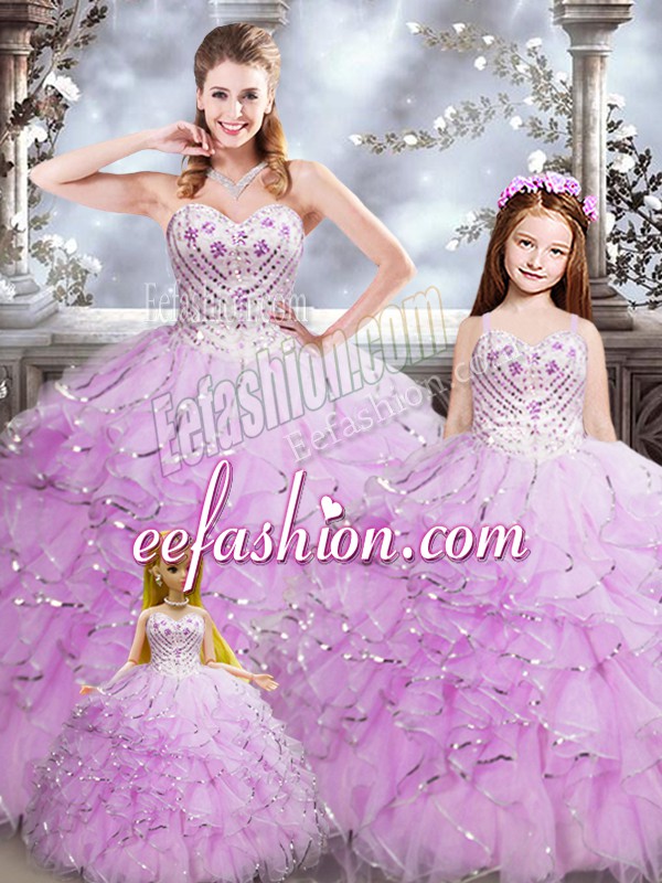  Lilac Organza Lace Up 15th Birthday Dress Sleeveless Floor Length Beading and Ruffles