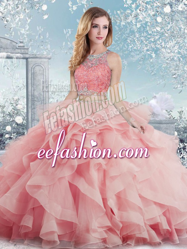  Beading and Ruffles Sweet 16 Dress Baby Pink Clasp Handle Sleeveless Floor Length