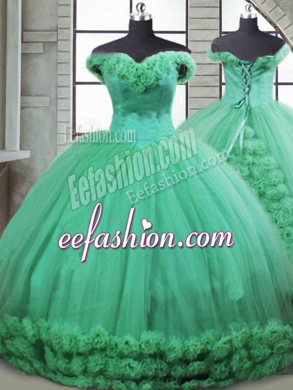 Extravagant Off The Shoulder Sleeveless Brush Train Lace Up Sweet 16 Dresses Turquoise Fabric With Rolling Flowers
