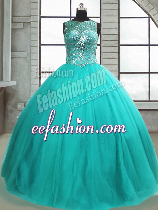 Pretty Turquoise Ball Gowns Scoop Sleeveless Tulle Floor Length Lace Up Beading Sweet 16 Dresses