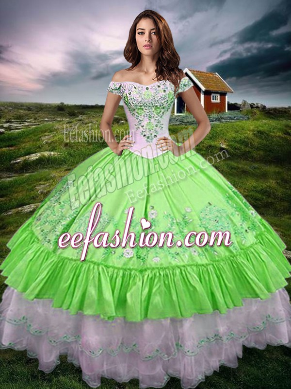 Latest Ball Gowns Quinceanera Gown Off The Shoulder Taffeta Sleeveless Floor Length Lace Up