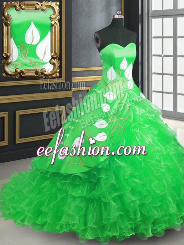 Customized Green Sleeveless Organza Brush Train Lace Up Quinceanera Dress for Military Ball and Sweet 16 and Quinceanera