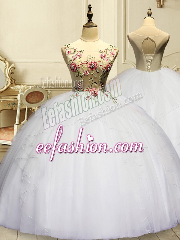  Organza Scoop Sleeveless Lace Up Appliques and Ruffles Quinceanera Dresses in White