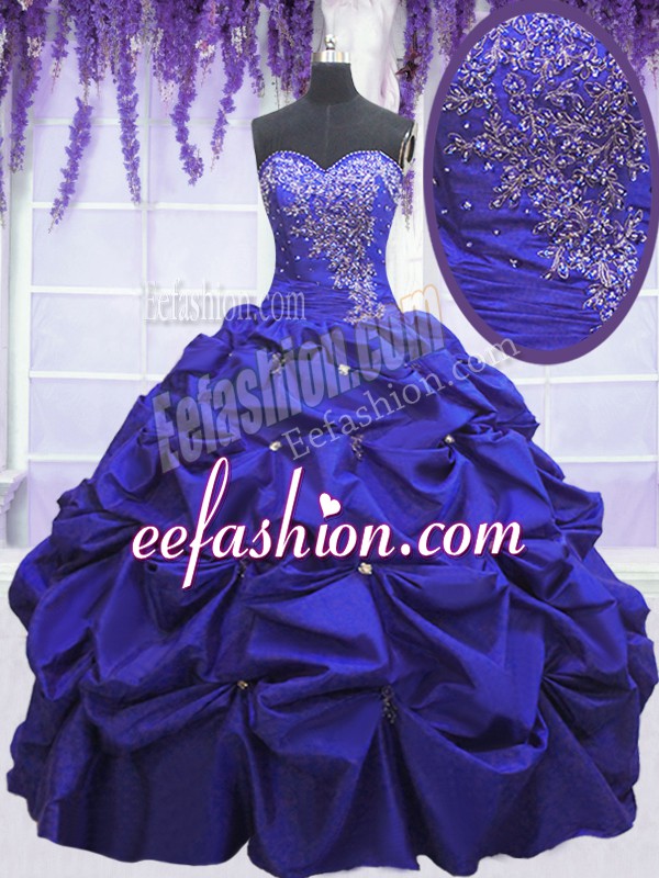  Sleeveless Taffeta Floor Length Lace Up 15th Birthday Dress in Navy Blue with Beading and Pick Ups