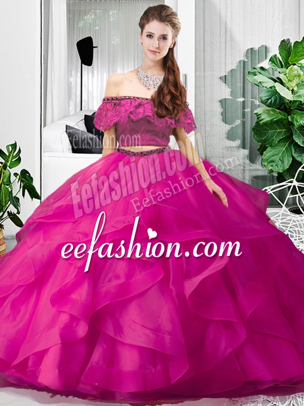  Hot Pink Off The Shoulder Lace Up Lace and Ruffles Ball Gown Prom Dress Sleeveless