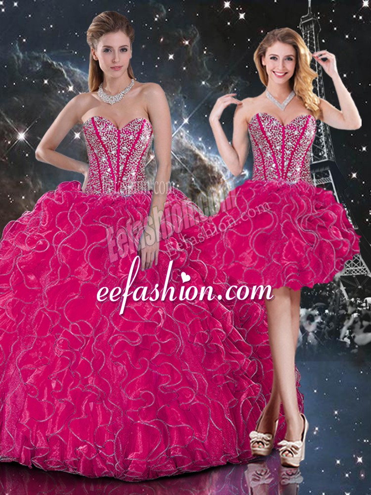  Hot Pink Organza Lace Up Quinceanera Gown Sleeveless Floor Length Beading and Ruffles