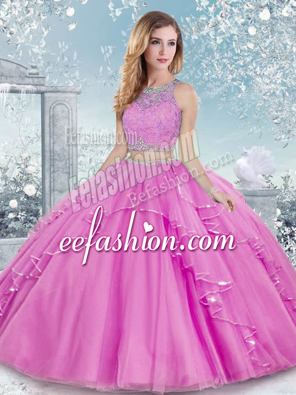 Custom Fit Beading and Lace Quinceanera Gown Lilac Clasp Handle Sleeveless Floor Length