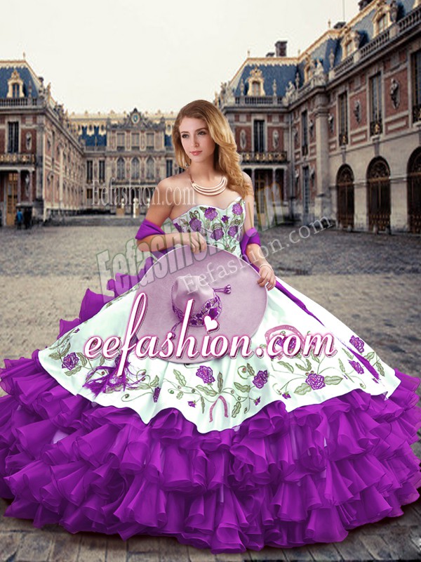 Stunning Floor Length Eggplant Purple Sweet 16 Dresses Organza Sleeveless Embroidery and Ruffled Layers