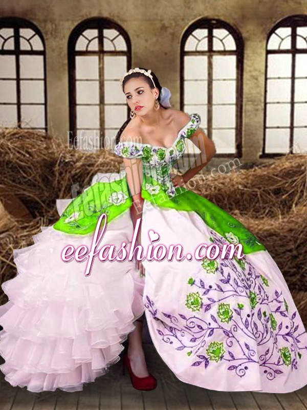 Custom Design Taffeta Off The Shoulder Sleeveless Lace Up Embroidery and Ruffled Layers Sweet 16 Quinceanera Dress in Multi-color
