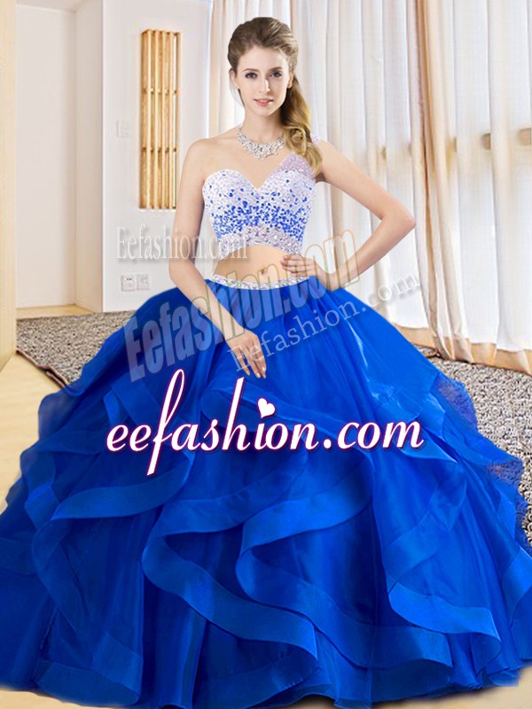Fine Sleeveless Floor Length Beading and Ruffles Criss Cross Quinceanera Gown with Royal Blue