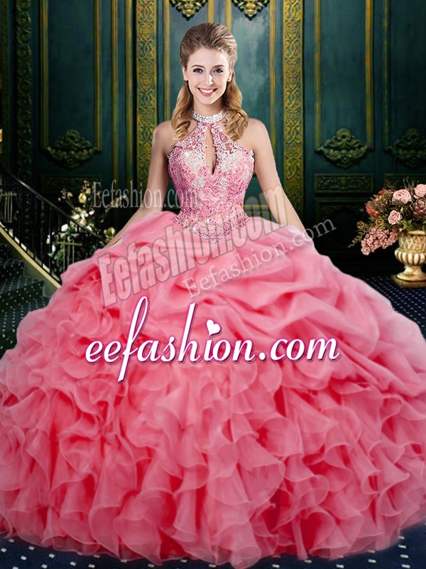 Nice Watermelon Red Sleeveless Organza Lace Up 15th Birthday Dress for Military Ball and Sweet 16 and Quinceanera