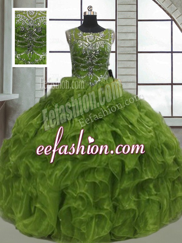  Olive Green Organza Lace Up Sweet 16 Dresses Sleeveless Floor Length Beading and Ruffles