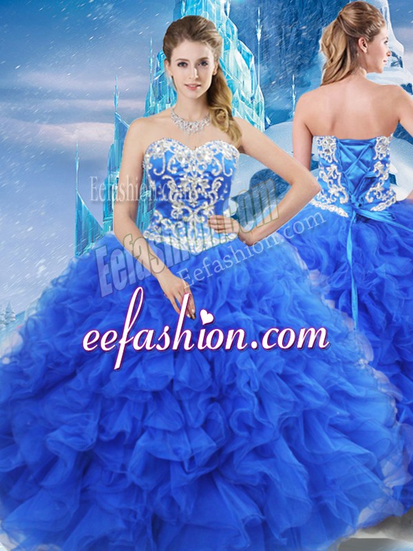 Popular Blue Sleeveless Floor Length Beading and Ruffles Lace Up 15 Quinceanera Dress