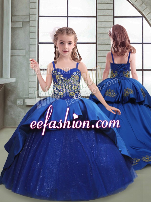  Lace Up Child Pageant Dress Royal Blue for Quinceanera and Wedding Party with Embroidery Brush Train
