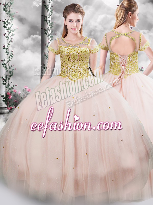 Elegant Pink Short Sleeves Beading Floor Length 15th Birthday Dress