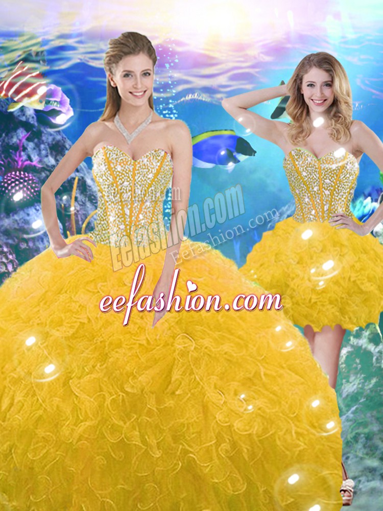  Floor Length Lace Up Quinceanera Dress Gold for Military Ball and Sweet 16 and Quinceanera with Beading and Ruffles