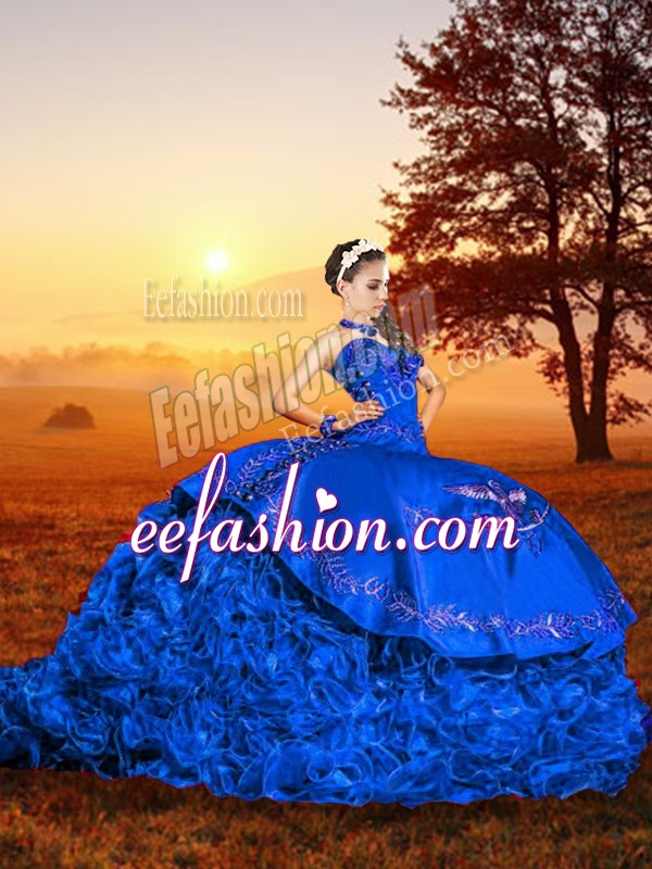 Excellent Blue Sleeveless Embroidery and Ruffles Lace Up Sweet 16 Dresses