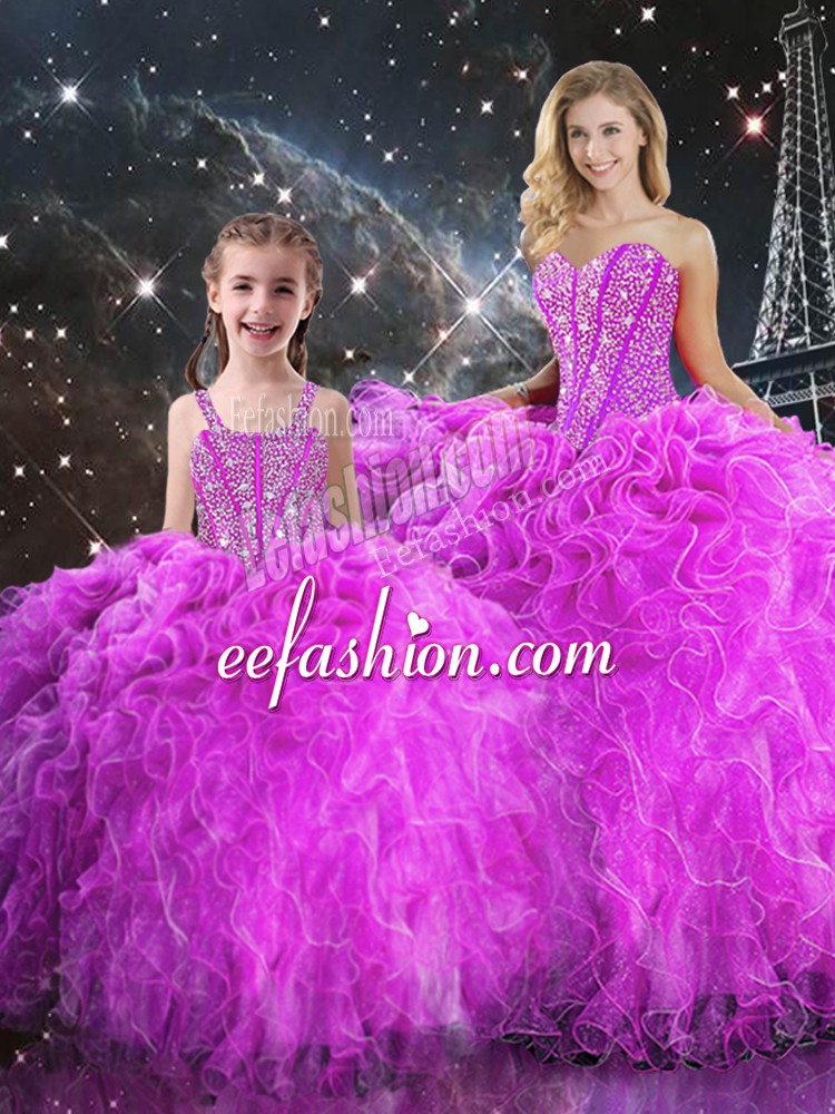 Custom Designed Floor Length Lace Up Vestidos de Quinceanera Fuchsia for Military Ball and Sweet 16 and Quinceanera with Beading and Ruffles