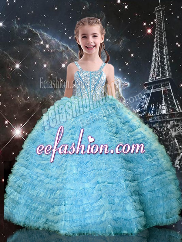  Sleeveless Tulle Floor Length Lace Up Pageant Dress Womens in Aqua Blue with Beading and Ruffled Layers