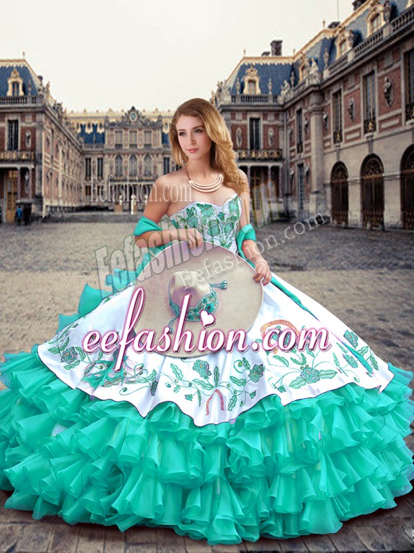  Turquoise Ball Gowns Embroidery and Ruffled Layers Quinceanera Gowns Lace Up Organza and Taffeta Sleeveless Floor Length