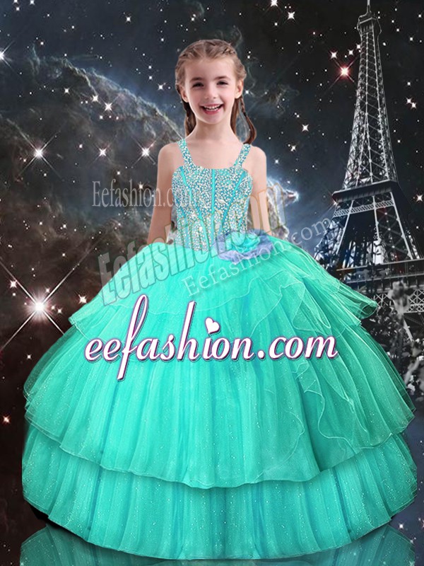 Nice Turquoise Sleeveless Tulle Lace Up Pageant Dress for Girls for Quinceanera and Wedding Party