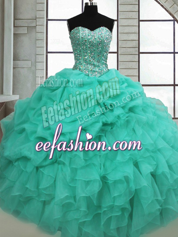 Suitable Turquoise Sleeveless Floor Length Beading and Ruffles and Pick Ups Lace Up Quinceanera Gowns