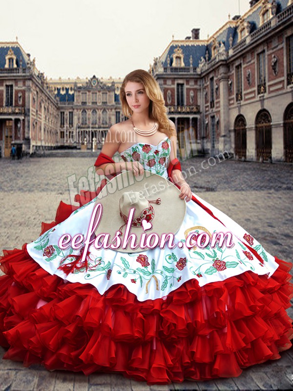  Sweetheart Sleeveless Vestidos de Quinceanera Floor Length Embroidery and Ruffled Layers White And Red Organza and Taffeta