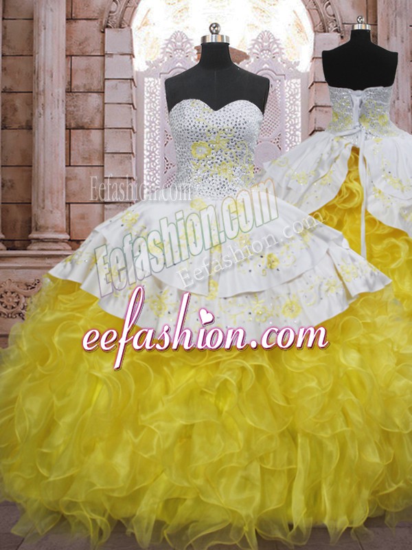  Yellow And White Sweetheart Neckline Beading and Appliques and Ruffles Quinceanera Gowns Sleeveless Lace Up