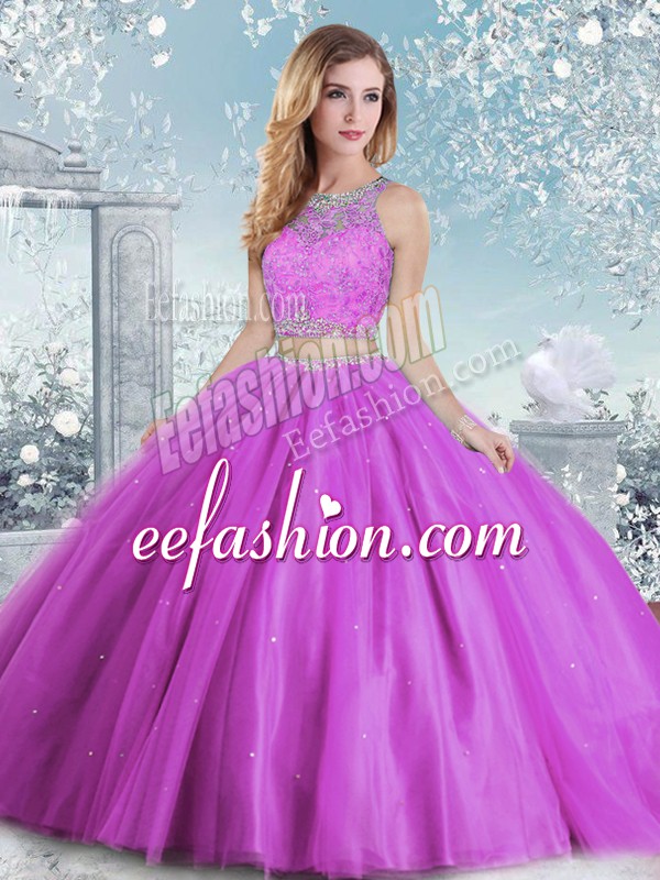  Lilac Ball Gowns Scoop Sleeveless Tulle Floor Length Clasp Handle Beading and Sequins Sweet 16 Quinceanera Dress