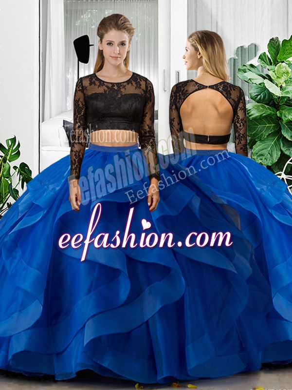  Blue Long Sleeves Lace and Ruffles Floor Length Quince Ball Gowns