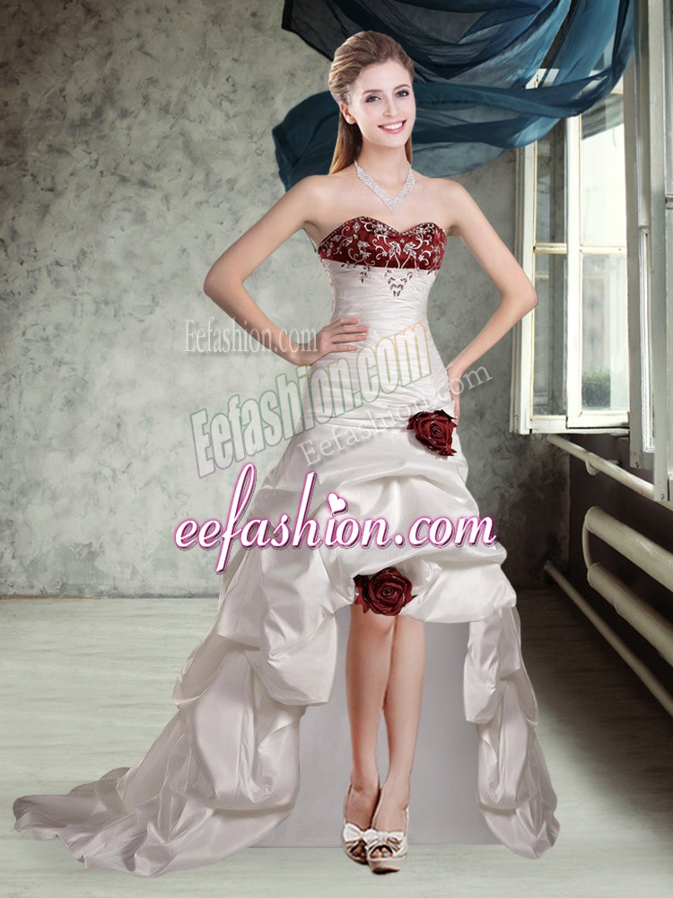 Luxurious Sweetheart Sleeveless Taffeta Wedding Dress Appliques and Pick Ups and Hand Made Flower Brush Train Lace Up