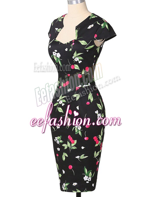  Multi-color Column/Sheath Pattern Dress for Prom Zipper Printed Cap Sleeves Knee Length