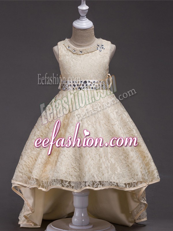 Fine Champagne A-line Beading Toddler Flower Girl Dress Lace Up Lace Sleeveless High Low