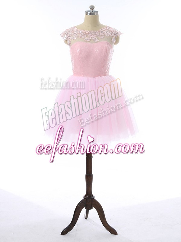 Trendy Mini Length Baby Pink Prom Gown Tulle Sleeveless Lace and Appliques