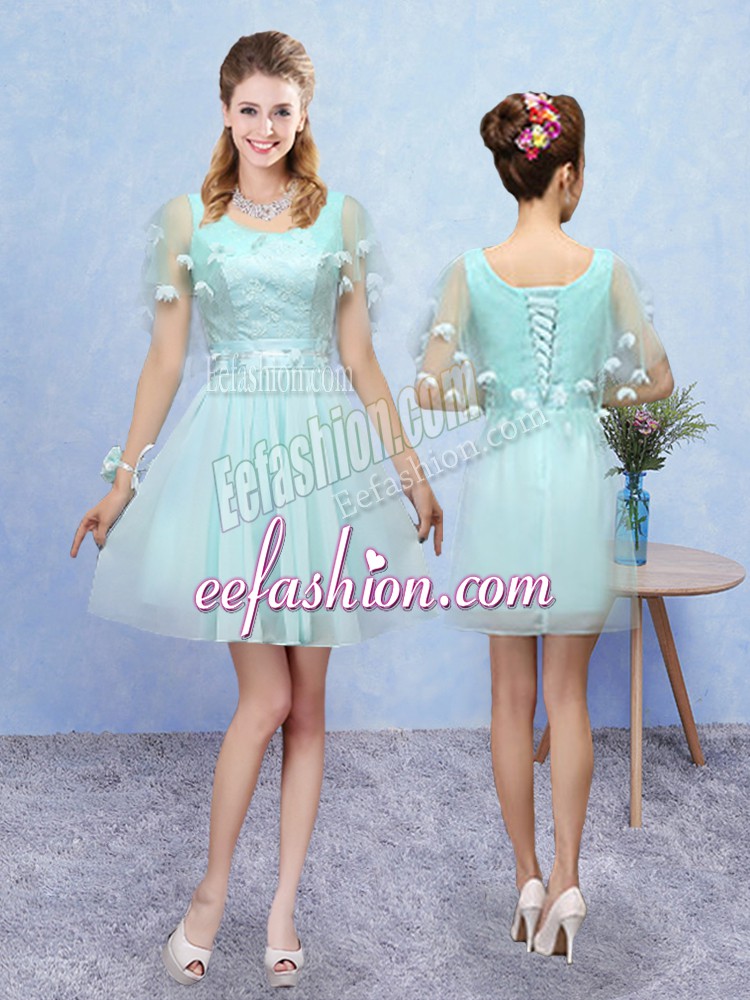 Adorable A-line Dama Dress for Quinceanera Aqua Blue Scoop Tulle Sleeveless Mini Length Lace Up