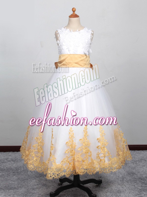 Popular White Tulle Lace Up Little Girls Pageant Dress Wholesale Sleeveless Floor Length Appliques
