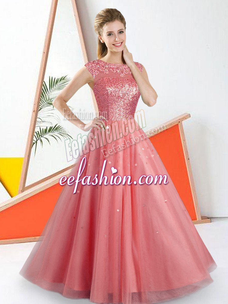 Noble Beading and Lace Wedding Guest Dresses Watermelon Red Backless Sleeveless Floor Length