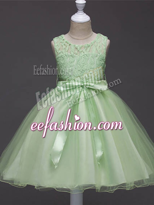 Customized Sleeveless Lace and Belt Knee Length Kids Pageant Dress