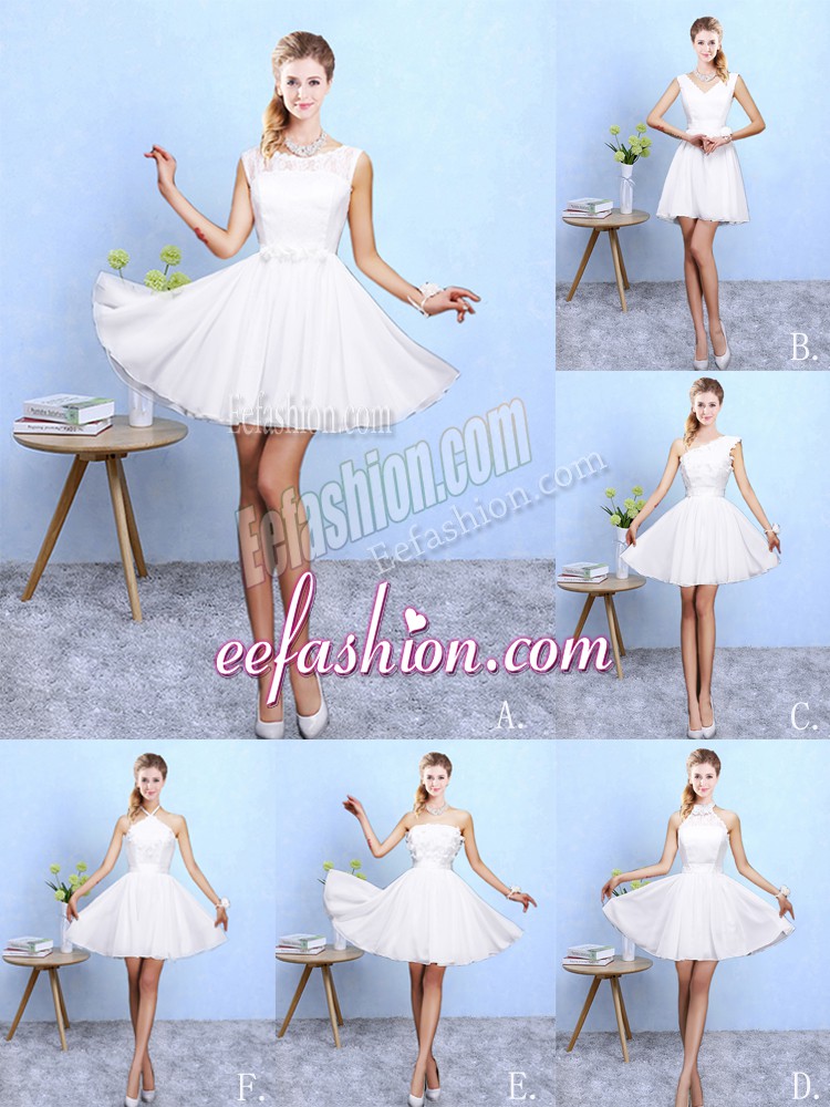 Super Knee Length White Bridesmaid Dress Chiffon Sleeveless Lace and Appliques