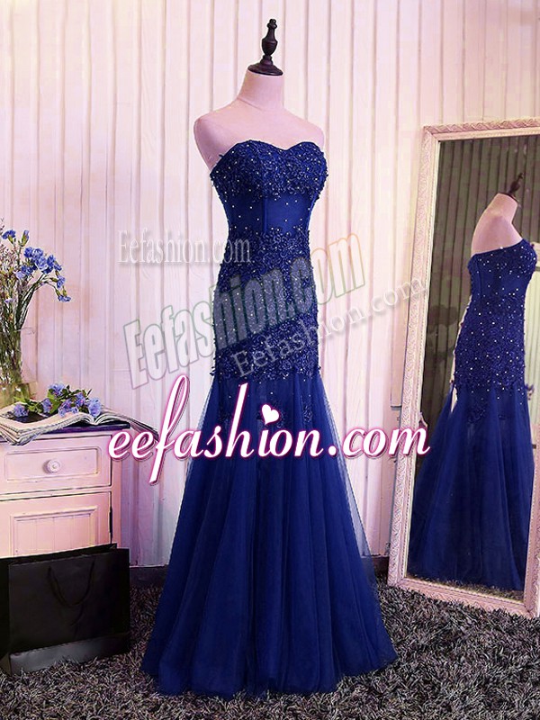 Elegant Sleeveless Tulle Floor Length Lace Up Evening Wear in Royal Blue with Beading and Lace and Appliques and Pleated