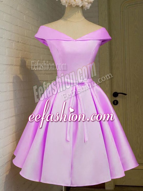  Lilac A-line Taffeta Off The Shoulder Cap Sleeves Belt Knee Length Lace Up Wedding Party Dress
