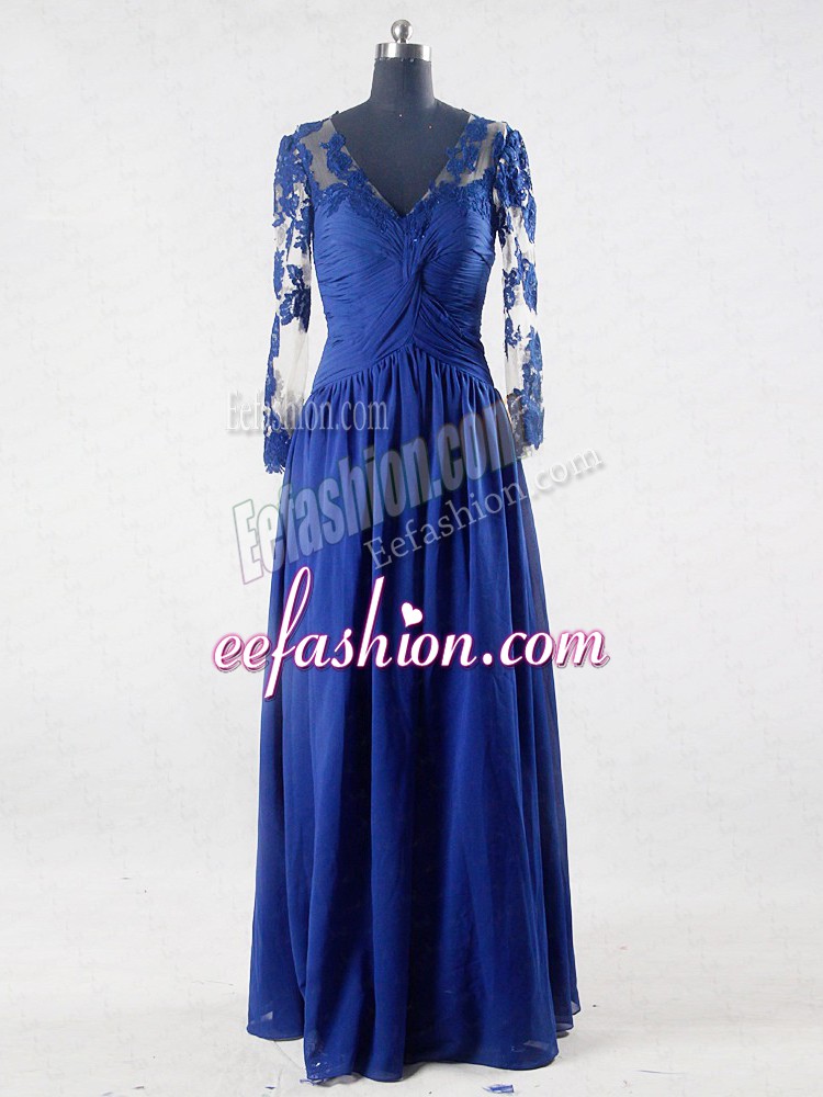Dynamic V-neck Long Sleeves Mother Of The Bride Dress Floor Length Lace and Appliques Blue Chiffon