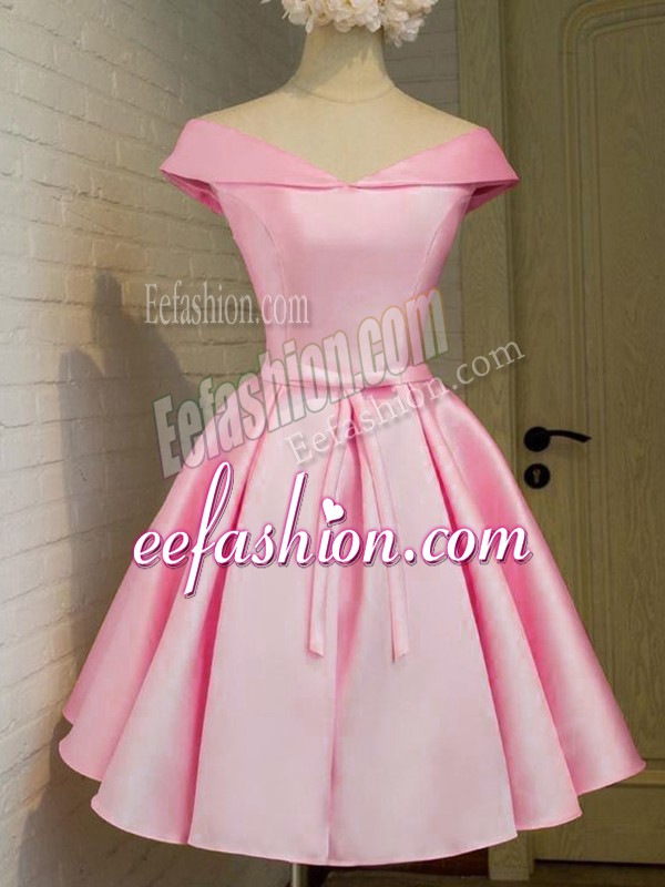  Pink Cap Sleeves Taffeta Lace Up Bridesmaids Dress for Prom and Party and Wedding Party