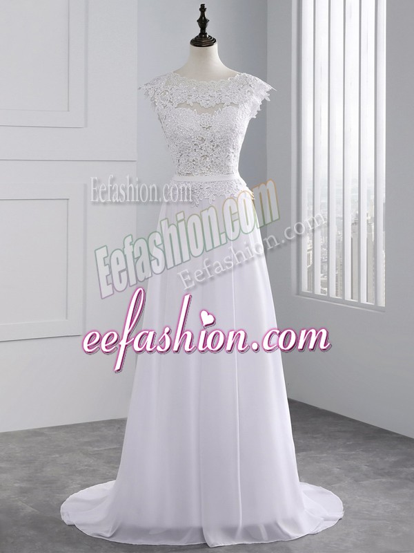  Chiffon Cap Sleeves Wedding Gown Brush Train and Lace
