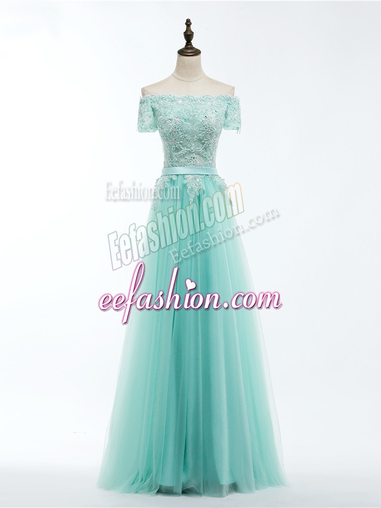  Scalloped Short Sleeves Womens Evening Dresses Floor Length Lace and Appliques Apple Green Tulle