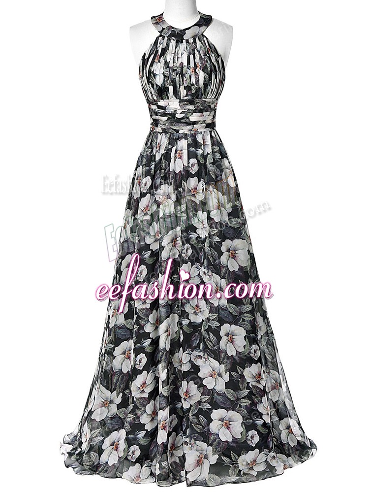  Multi-color Empire Ruching Prom Dresses Zipper Printed Sleeveless Floor Length