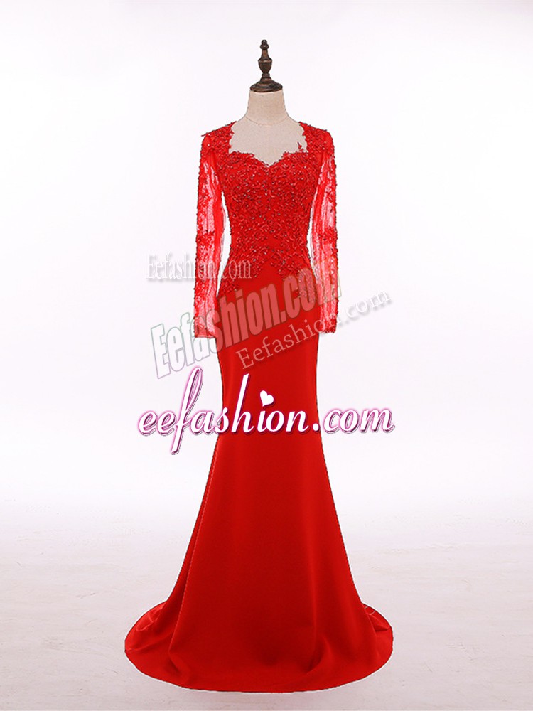 Suitable Scoop Long Sleeves Mother Of The Bride Dress Floor Length Lace and Appliques Red Chiffon