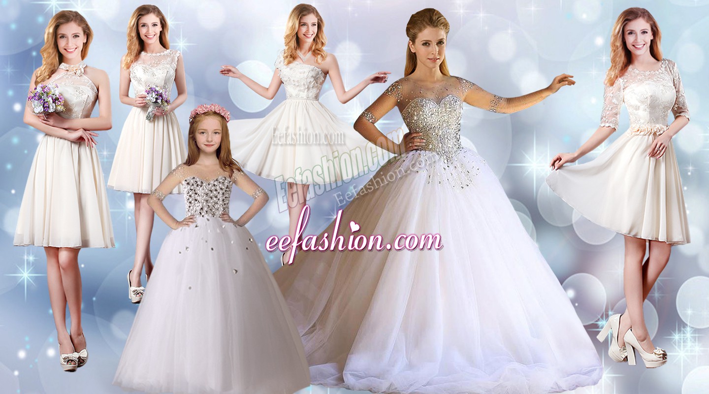 Dramatic White Scoop Lace Up Beading Sweet 16 Dresses Half Sleeves