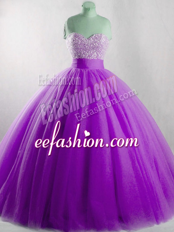  Sleeveless Floor Length Beading Lace Up Sweet 16 Dress with Eggplant Purple
