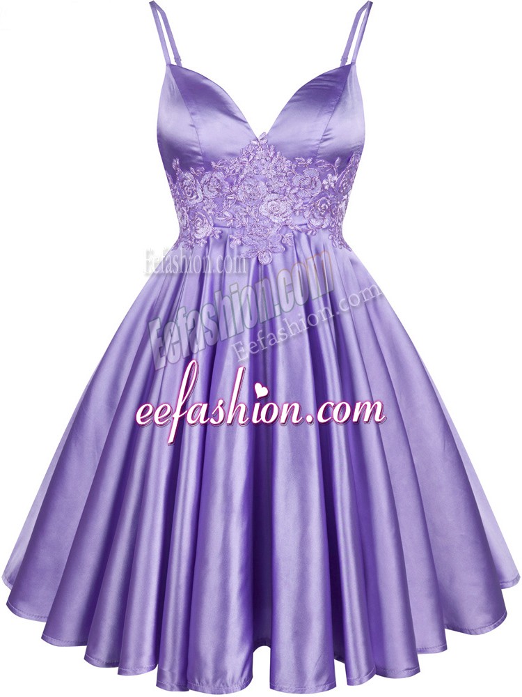  Lilac Lace Up Spaghetti Straps Lace Dama Dress Elastic Woven Satin Sleeveless